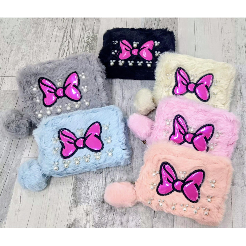 PORTFEL MAŁY DZIECIĘCY PLUSZOWY FUTERKO KOKARDA Z POMPONEM 15x11 cm