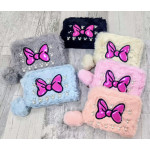 PORTFEL MAŁY DZIECIĘCY PLUSZOWY FUTERKO KOKARDA Z POMPONEM 15x11 cm