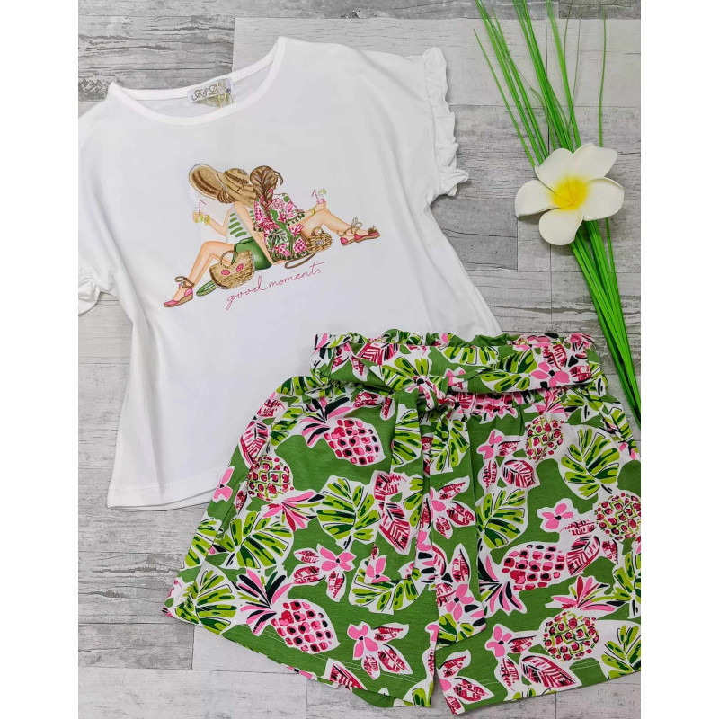 Set Rebrovaný top S DZIEWCZYNAMI+Šortky Ružová/Biely