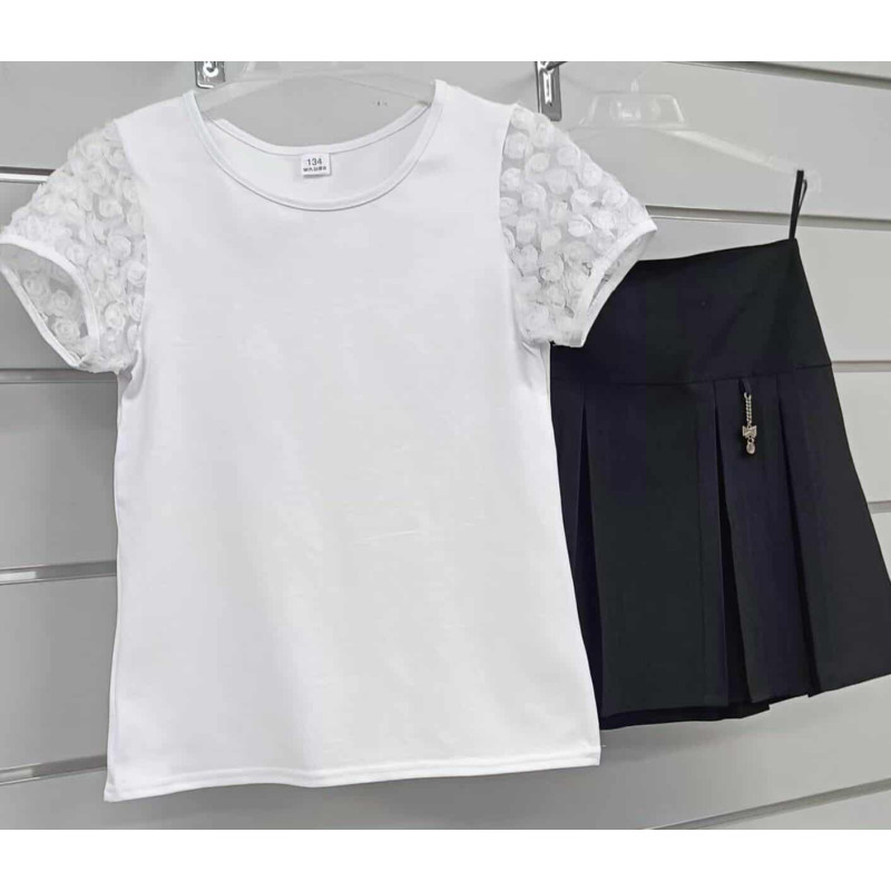 Rebrovaný top S TIULOWYMI RÓŻYCZKAMI NA RĘKAWKACH Bavlna PL