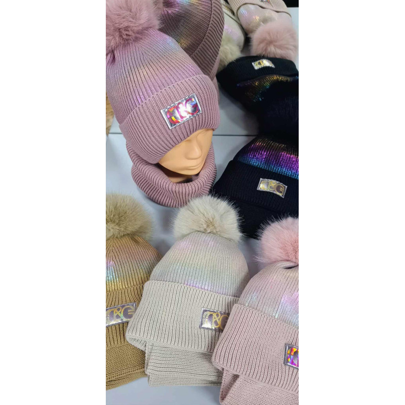 Čiapka + Nákrčník Fleece BŁYSZCZĄCE HOLO ZŁOTA NASZYWKA Zima 4-12 LAT