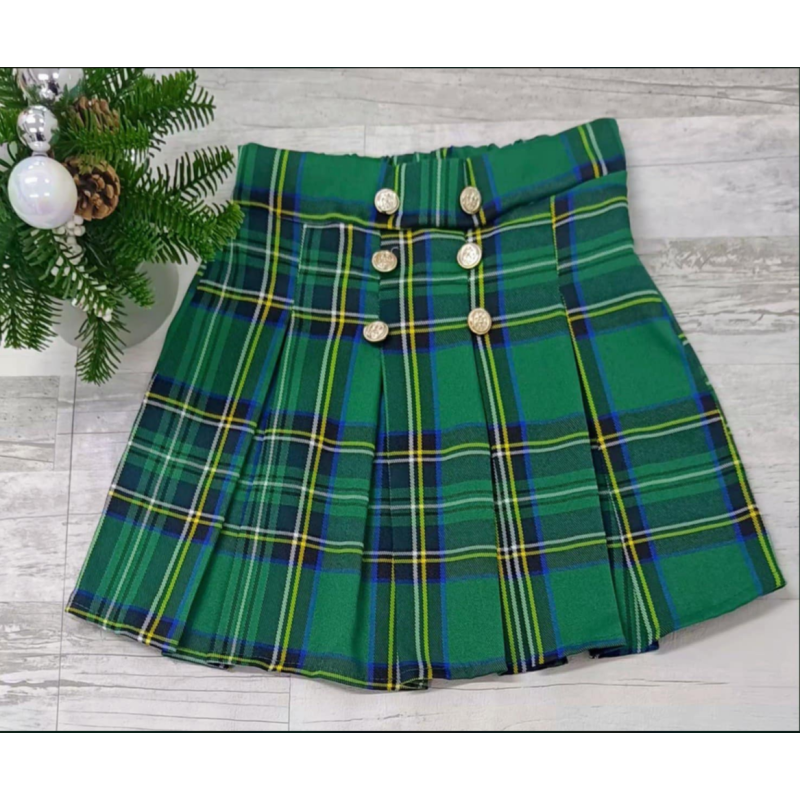 Sukňa ZIELONA W KRATKE S OZDOBNYMI GUZICZKAMI