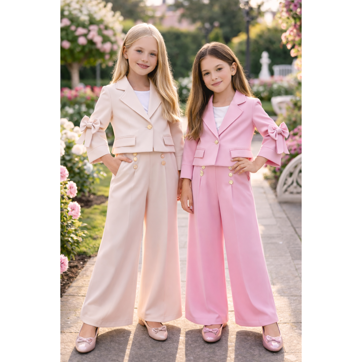 Set Kalhoty SZWEDY S GUZIKAMI + ŻAKIET S KOKARDAMI Růžová/Béžová