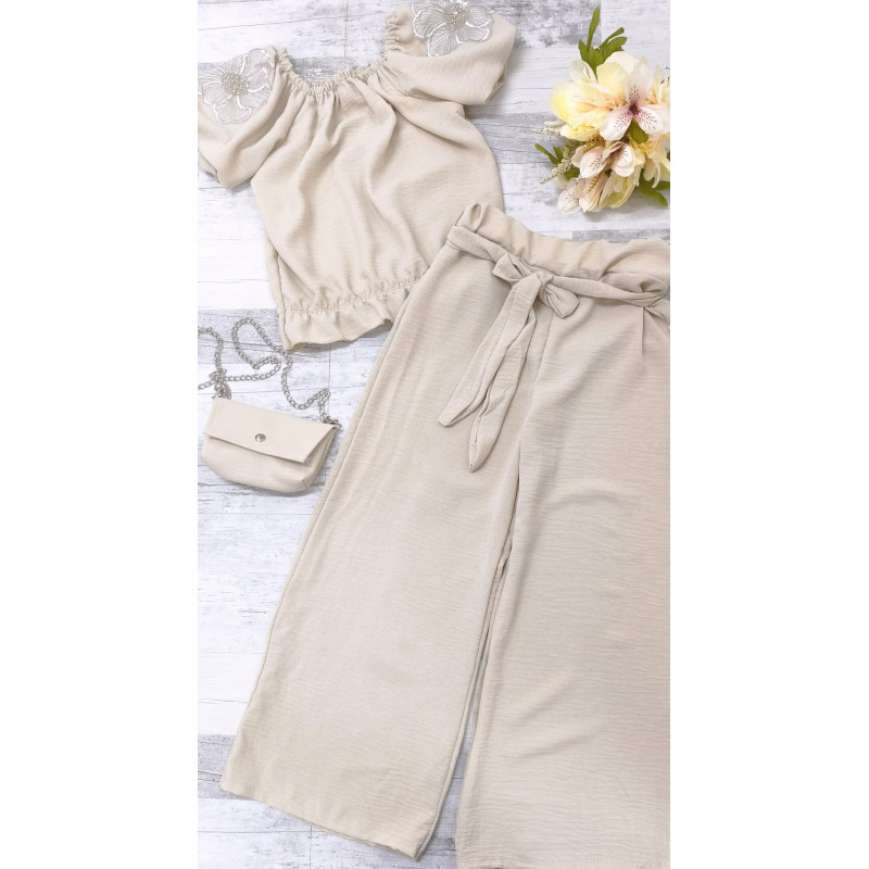 KOMPLET 3 CZ BLUZKA Z KWIATEM+ SZWEDY+TOREBKA BEŻ