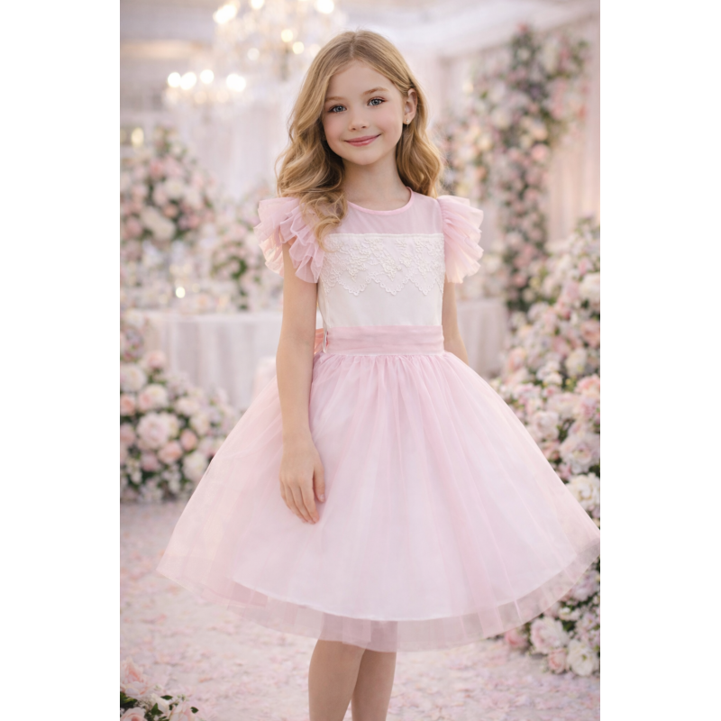 Elegante roze en witte tule jurk met kant voor meisjes